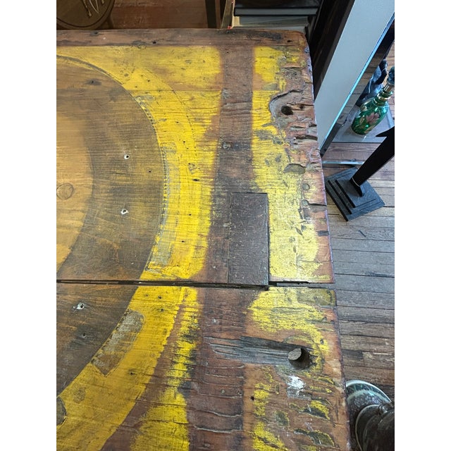 Industrial Salvaged Tilt Top Wood Work Table With Iron Base For Sale In Philadelphia - Image 6 of 18