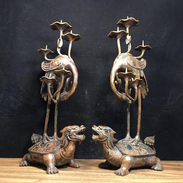 Traditional Pair of Vintage Bronze Turtle Dragon and Crane Candle Holders For Sale - Image 3 of 9