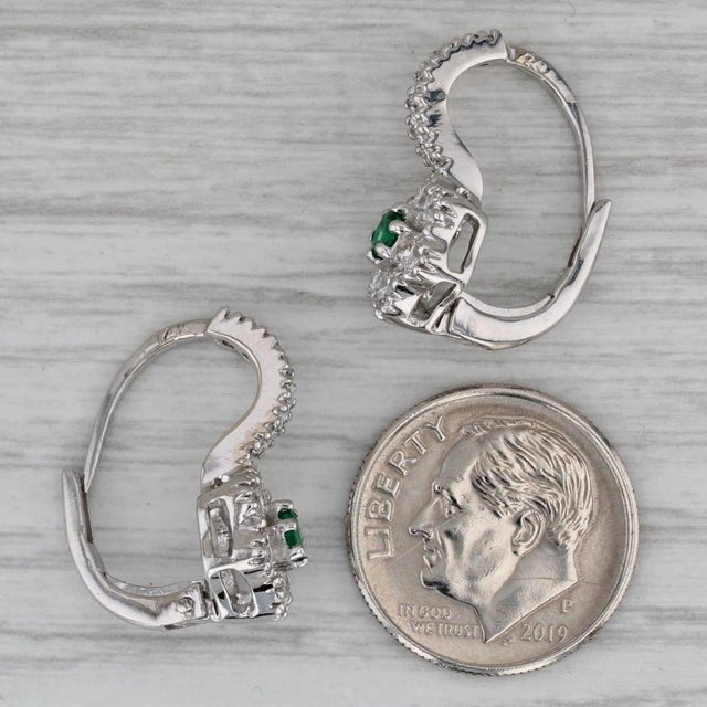 2010s 1.70ctw Emerald Diamond Flower Drop Earrings 14k White Gold Lever Backs For Sale - Image 5 of 5