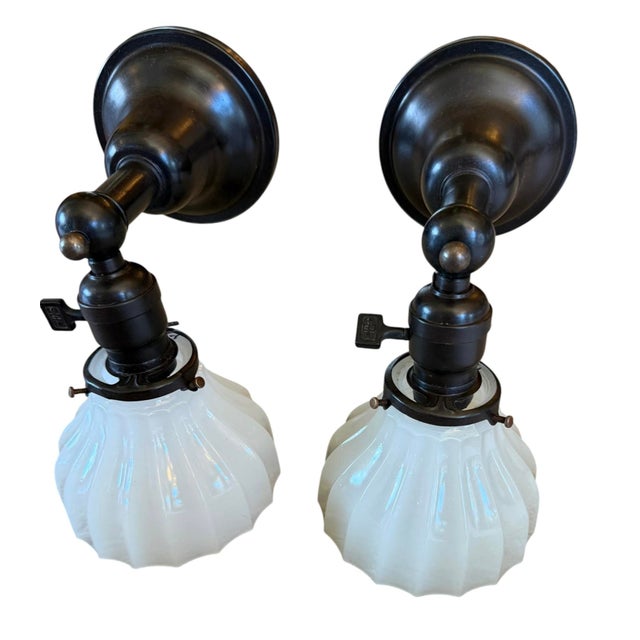 Circa 1920’s Clam Broth Shade Wall Sconces, a Pair For Sale - Image 4 of 8