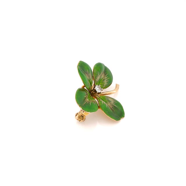 Antique Krementz & Co. 14k Four Leaf Clover, Old European Cut Diamond, Brooch For Sale - Image 4 of 13