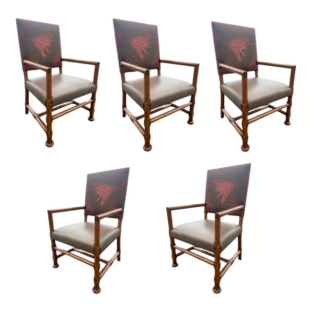 Dessin Fournir Leather Dining Arm Chairs- A Set of 5 For Sale