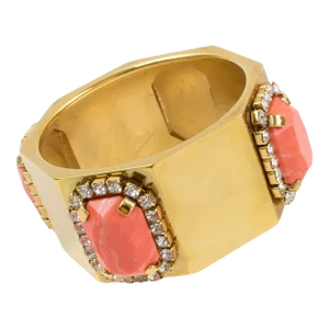 Valentino Jeweled Gilt Metal Bracelet Bangle With Coral Resin Cabochons