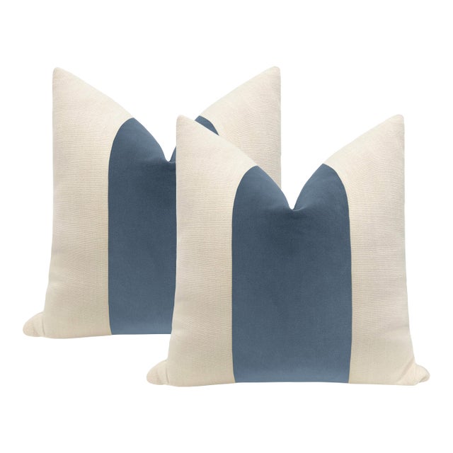 22" Periwinkle Designer Velvet Panel + Linen Pillows - A Pair For Sale