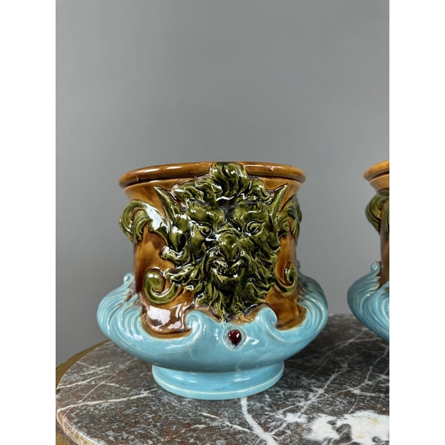 19th Century Mascaron-Decorated Earthenware Cachepots, Set of 2 For Sale - Image 6 of 11