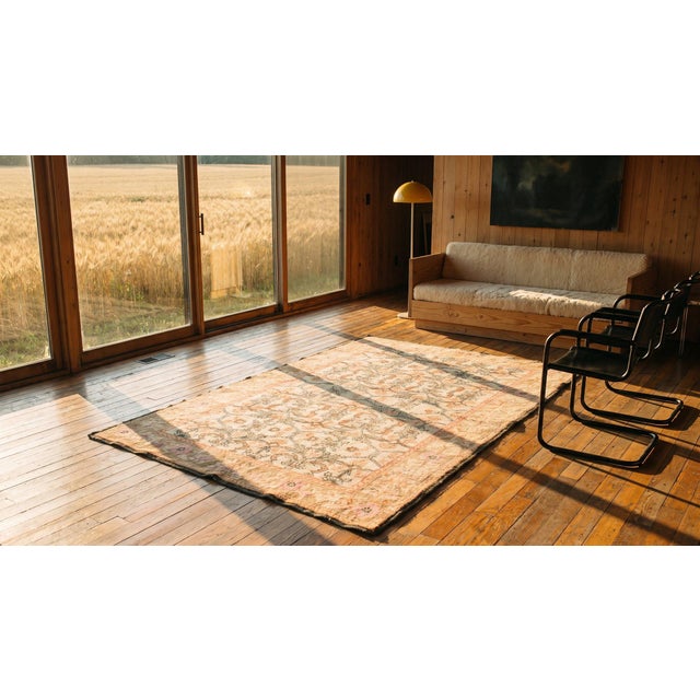 Textile 1920s Ivory Taupe Orange Antique N. Indian Agra Cotton Carpet 4'6" X 7'4" Geometric Rug For Sale - Image 7 of 9