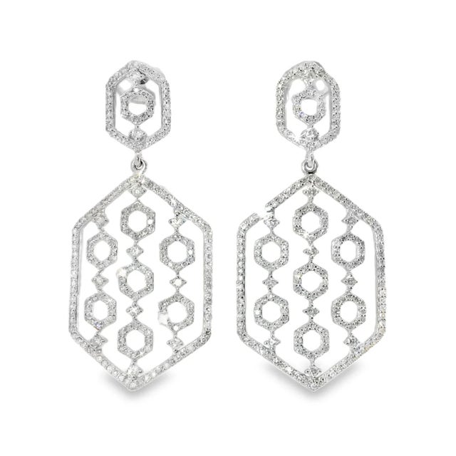 14K White Gold Diamond Designer Drop Earrings. This elegant pair features numerous brilliant round diamonds totaling 2...