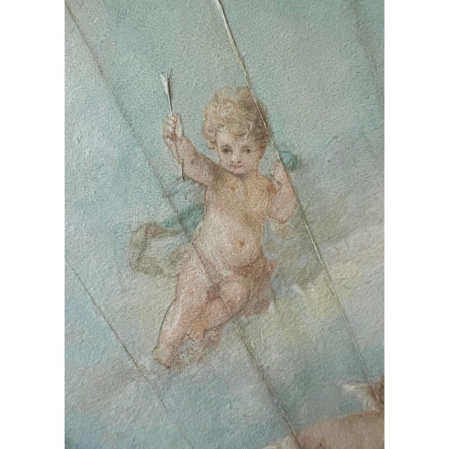 Late 18th Century Antique French Louis XV Period Finely Painted Pale Blue Fan in Gilt Frame With Angels and Cherubs For Sale - Image 5 of 13