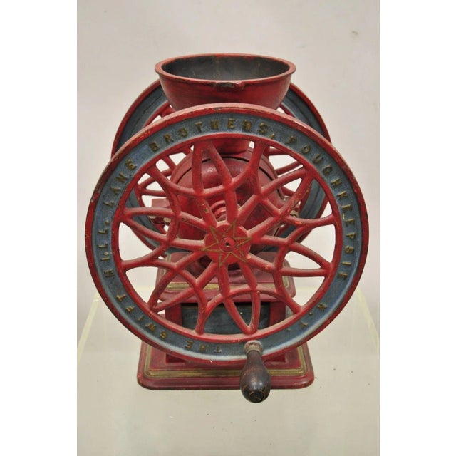 Victorian Late 19th Century Swift Mill Lane Red & Blue Cast Iron Victorian Coffee Mill Grinder With Drawer For Sale - Image 3 of 12