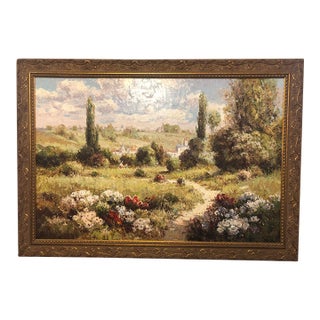 Late 20th Century Large Impressionistic European Village Landscape Oil Painting in Custom Gold Frame For Sale