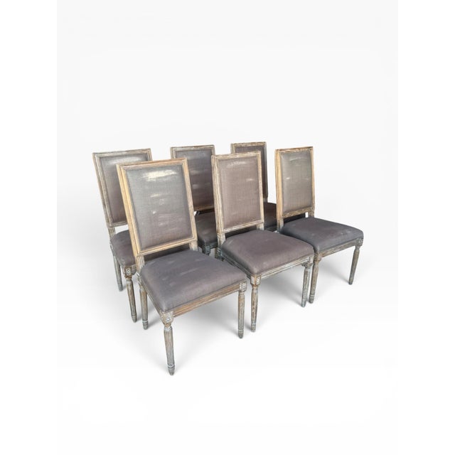 Restoration Hardware Set of 6 Vintage French Square Cane Back Dining Chairs in Belgian Linen For Sale - Image 11 of 13