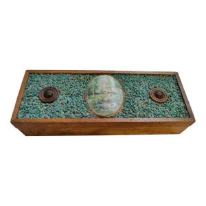 1960s Vintage Mid Century Trinket Box With Turquoise Chips + Hand Painted Porcelain