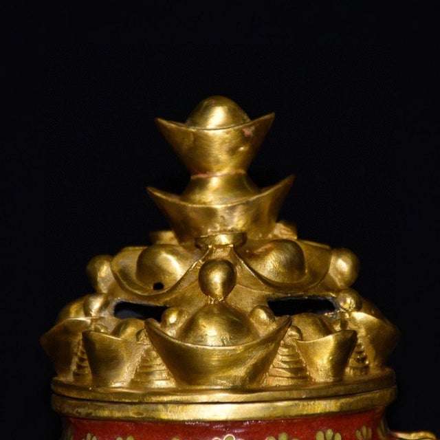 Yellow Cloisonne Enamel Incense Burner, Gilded Yuanbao Lid & Dragon Handles, Chinoiserie Wealth Motif Censer For Sale - Image 8 of 9
