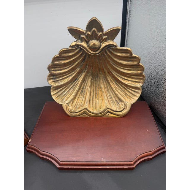 1980s Pair of Brass and Mahogany Shell Wall Brackets For Sale - Image 10 of 10