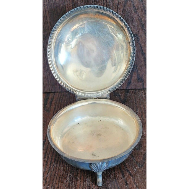 Late 1800s Silverplate Chafing Dish, Ornate Tripod Legs, Mask Motifs, Brass Interior, Wooden Handle For Sale - Image 4 of 5