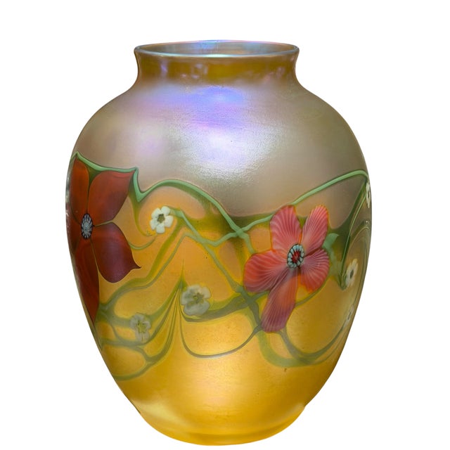 1980s Large Orient & Flume Studio Art Glass Iridescent Flower Vase For Sale - Image 5 of 5