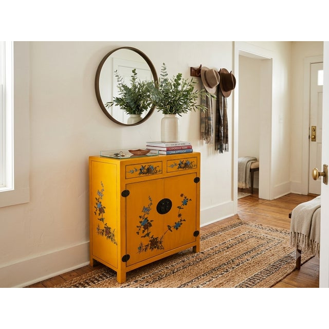 1990s Oriental Bright Mustard Yellow Vinyl Flower Bird Graphic Cabinet For Sale - Image 5 of 16