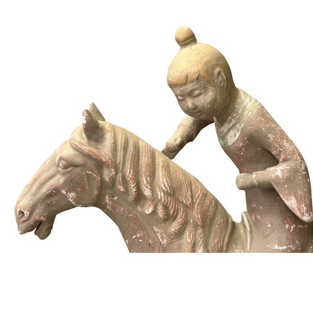 Chinese Vintage Terracotta Clay Man Riding Horse Figure Display Art For Sale In San Francisco - Image 6 of 11