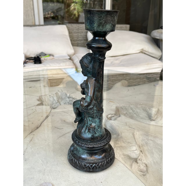 1960s Vintage French Style Patinated Brass and Bronze Figural Cherub Putti Candlesticks - A Pair For Sale - Image 5 of 13