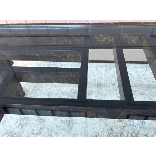 Vintage Burl Finish Chinoiserie Coffee Table With Glass For Sale - Image 10 of 12