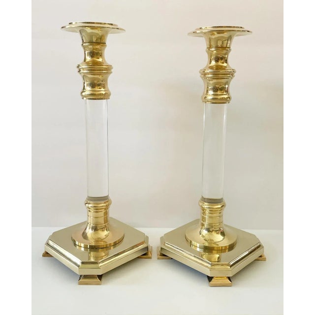 Mid-Century Modern Fabulous Extra Large Lucite and Polished Brass Candlestick Holders on Footed Base For Sale - Image 3 of 11