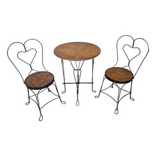 3 Piece Vintage Twisted Iron & Oak Ice Cream Parlor Set Table & 2 Chairs For Sale