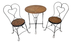 3 Piece Vintage Twisted Iron & Oak Ice Cream Parlor Set Table & 2 Chairs