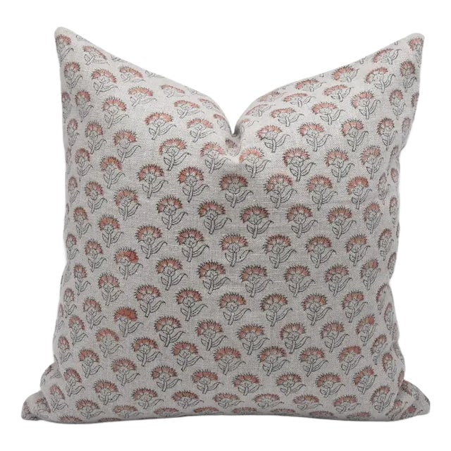 FabDivine Artisan Block Print Throw Pillow Cover 18x18 Inch Thick Linen-Juju Flower For Sale