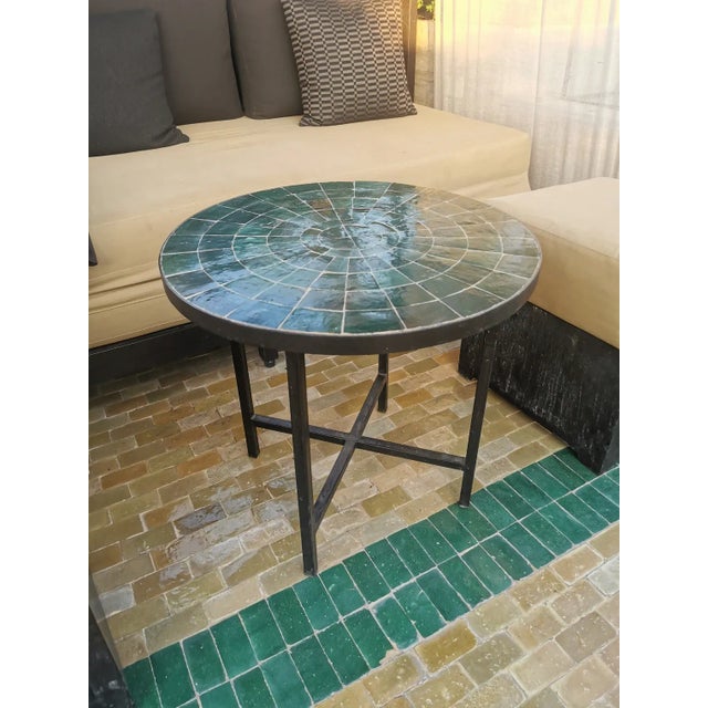 Khdedra' Decoritave Green Round Table With Mosaic Artwork For Sale - Image 4 of 6