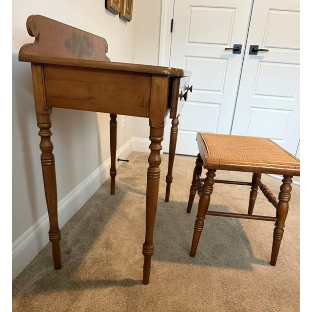 Wood Mid-Century L. Hitchcock Stenciled Writing Desk & Matching Caned Bench – 2-Piece Set For Sale - Image 7 of 16
