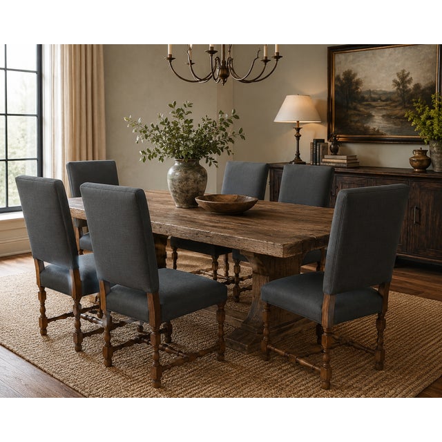 An elegant set of six Restoration Hardware 1890 English Baroque dining chairs, newly reupholstered in a sophisticated...