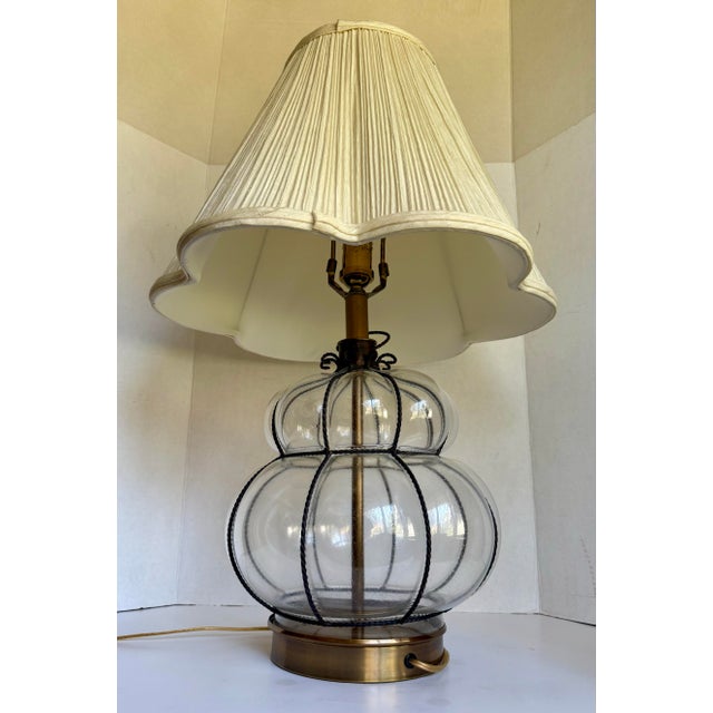 Vintage Ethan Allen Caged Blown Glass and Iron Table Lamp For Sale - Image 9 of 11
