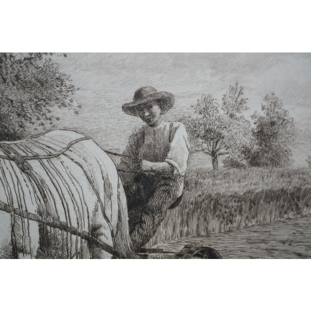 Antique Peter Moran Farming Mowing Boy Riding Plough Landscape Etching 27" For Sale - Image 10 of 11