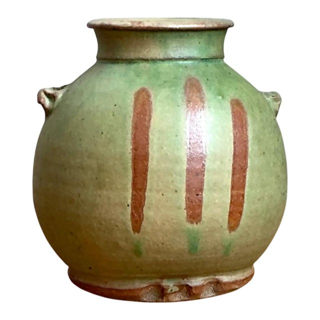 Vintage Green Striped Ceramic Vase For Sale In West Palm - Image 6 of 12
