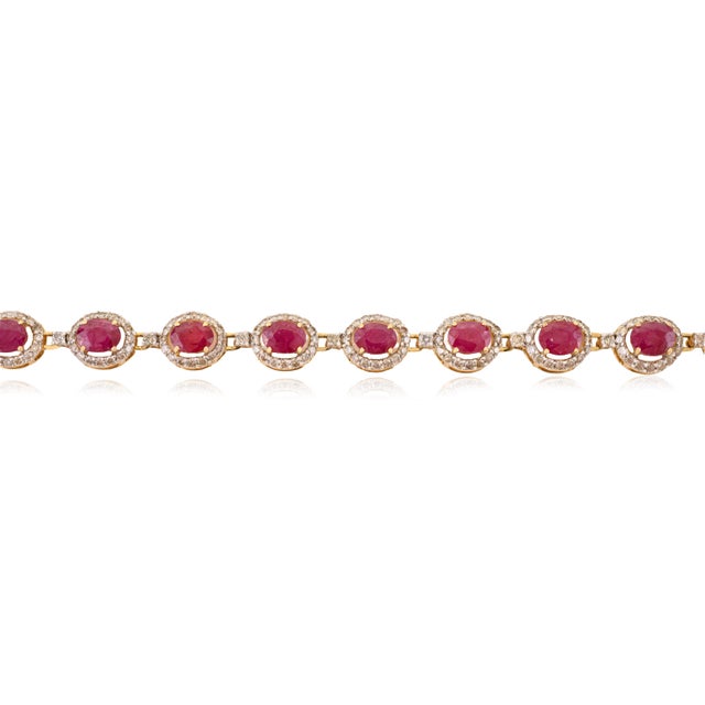 Art Deco 3.71 CTW Ruby Halo Diamond Modern Tennis Bracelet in 14k Yellow Gold For Sale - Image 3 of 14
