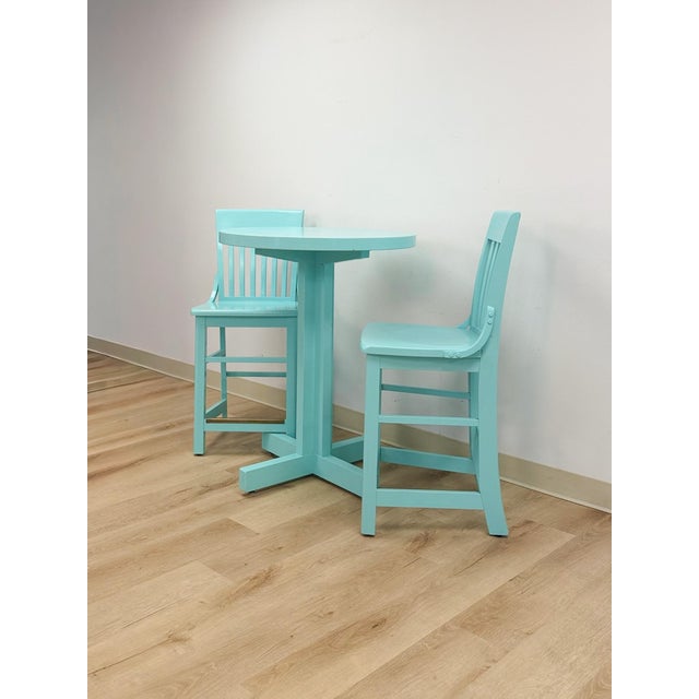 Mid 20th Century Vintage Bistro Set Turquoise Blue Counter Height Table Two Chairs Outdoor/Indoor For Sale - Image 5 of 16