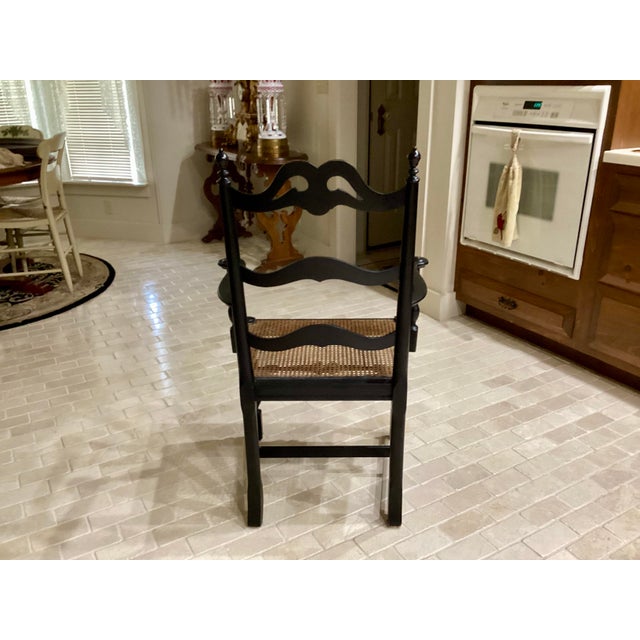Antique Art Nouveau Ladderback Black Dining Side Desk Hall Arm Chair W/Cane Seat 41“ Tall For Sale - Image 4 of 9