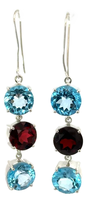 Exquisite Garnet & Blue Topaz Three Stone Dangle Earrings in Sterling Silver – 2 Pieces
