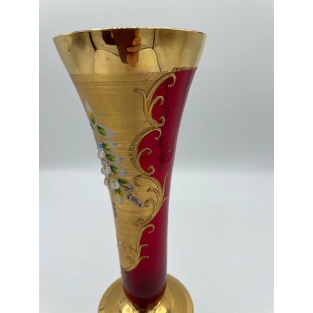 Victorian Late 19th Century Moser Style Cranberry Glass Vase With Gilt and Applied Floral Decoration For Sale - Image 3 of 11