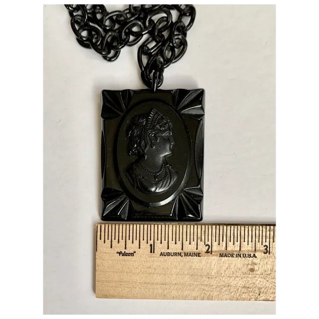 Metal 1940s Black Celluloid Cameo Necklace For Sale - Image 7 of 9