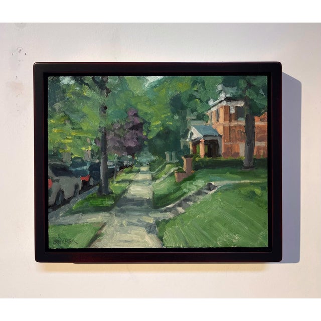 This oil painting captures a charming Denver neighborhood, showcasing tree-lined sidewalks and well-maintained homes. The...