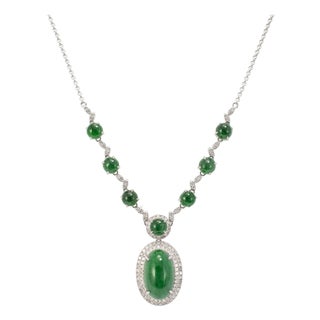 18k White Gold 14.00ct Green Burmese Jadeite Jade Diamond Pendant Necklace For Sale