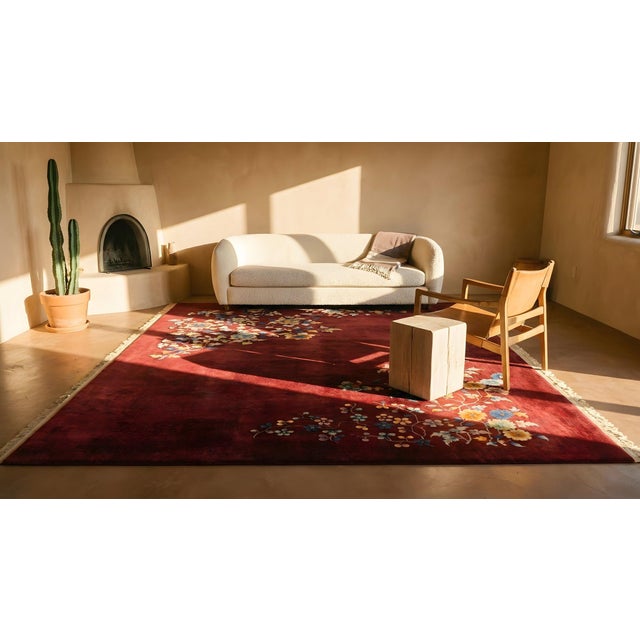 1930s Deep Red Floral Antique Chinese Art Deco Rug 8'9" X 11'4" Knotted Wool Carpet For Sale - Image 12 of 12