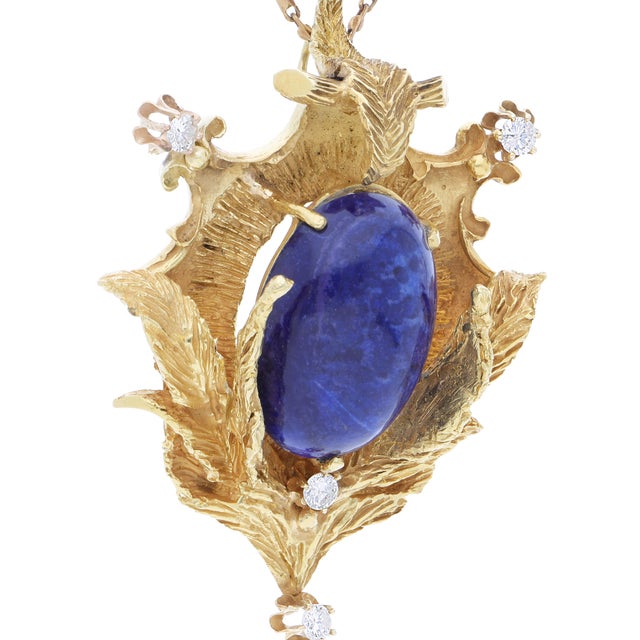 1940s 1940s Art Deco Lapis Lazuli and Diamond 18k Yellow Gold Brooch Pendant For Sale - Image 5 of 9