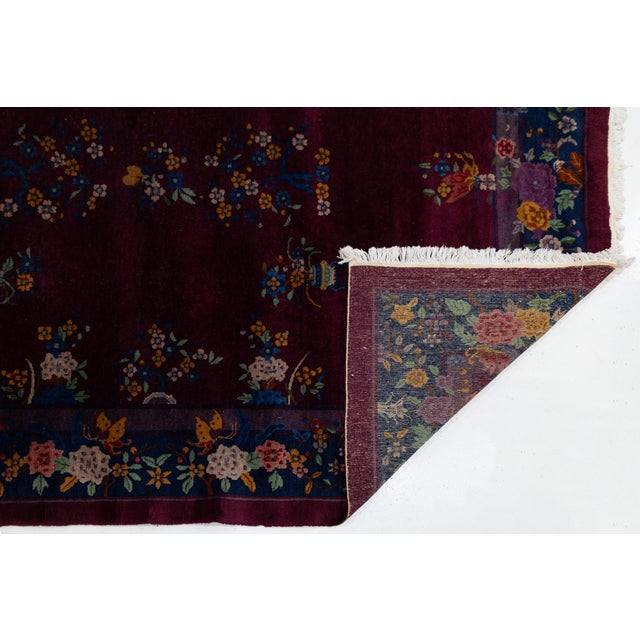 Art Deco 1920s Antique Chinese Art Deco Plum Wool Rug With Floral Vases & Navy Border For Sale - Image 3 of 12