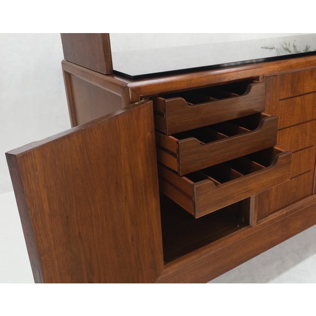 Wood Dunbar Walnut Two Part Sideboard Credenza Breakfront Carved Slate Inserts MINT! For Sale - Image 7 of 18