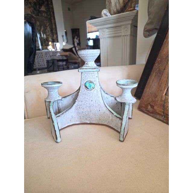 Highly unusual Mid Century speckled stoneware Candelabra with a turquoise cabachon.