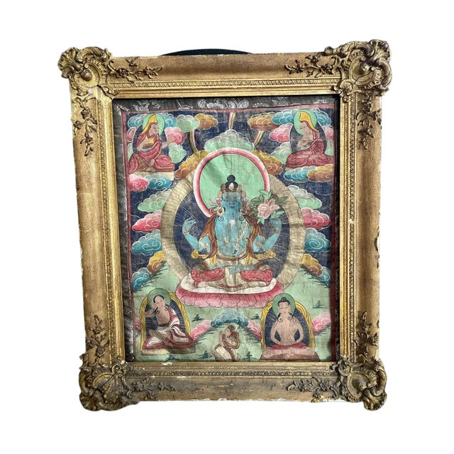 Gold 19th Century Tibetan Four Arms Guanyin Tangka With Antique Wooden Frame For Sale - Image 8 of 8