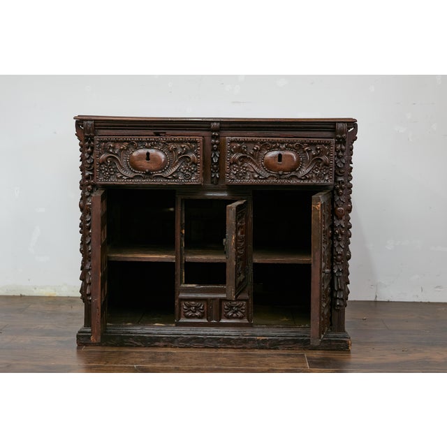 Wood Spanish Renaissance 1680s Walnut Spice Cabinet with Foliage Carved Décor For Sale - Image 7 of 12