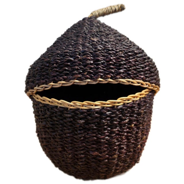 Mid 20th Century Woven Acorn Basket – Rare Decorative Storage Basket | Dark Brown Two-Piece Acorn Design | 11” Tall For Sale - Image 4 of 9